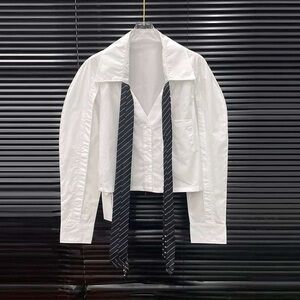 Elegant White Button Down Shirt with Black Striped Tie